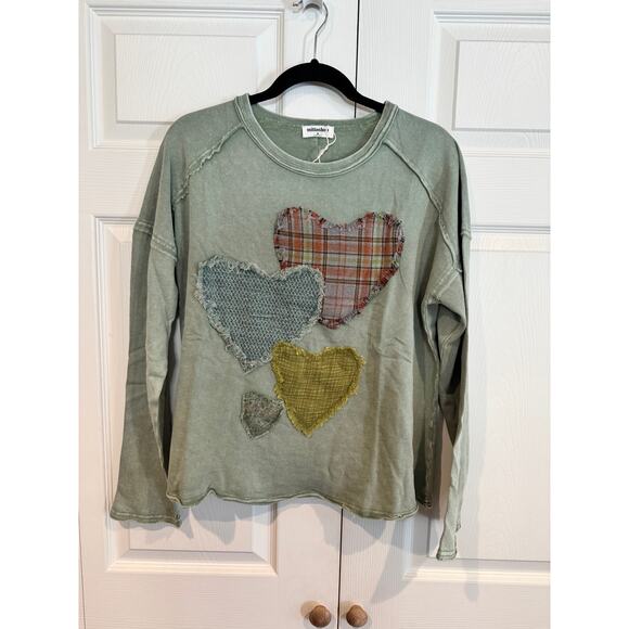 Mottoshop Heart Patchwork Long Sleeve Olive Green Distressed Crew Neck Top - Picture 5 of 8